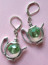 TEA POT GREEN CRYSTAL earring SP LEVER BACK handcrafted FRM