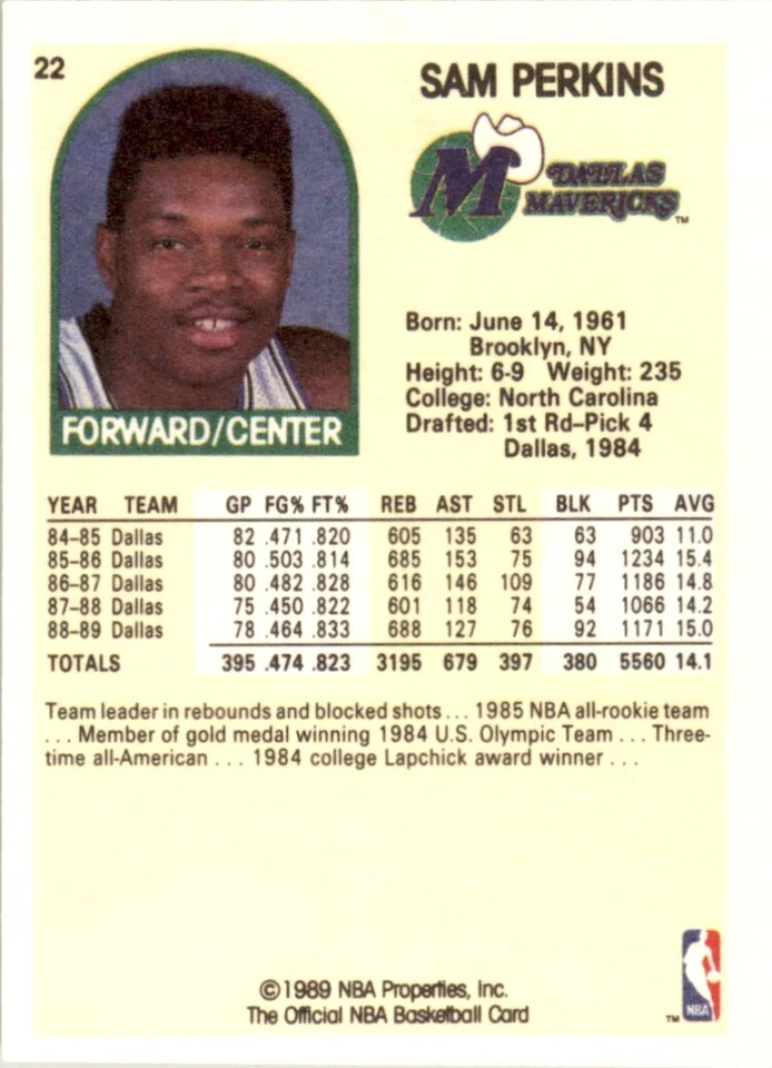 1990 Hoops 100 Superstars #22 Sam Perkins Dallas Mavericks - Image 2 of 2