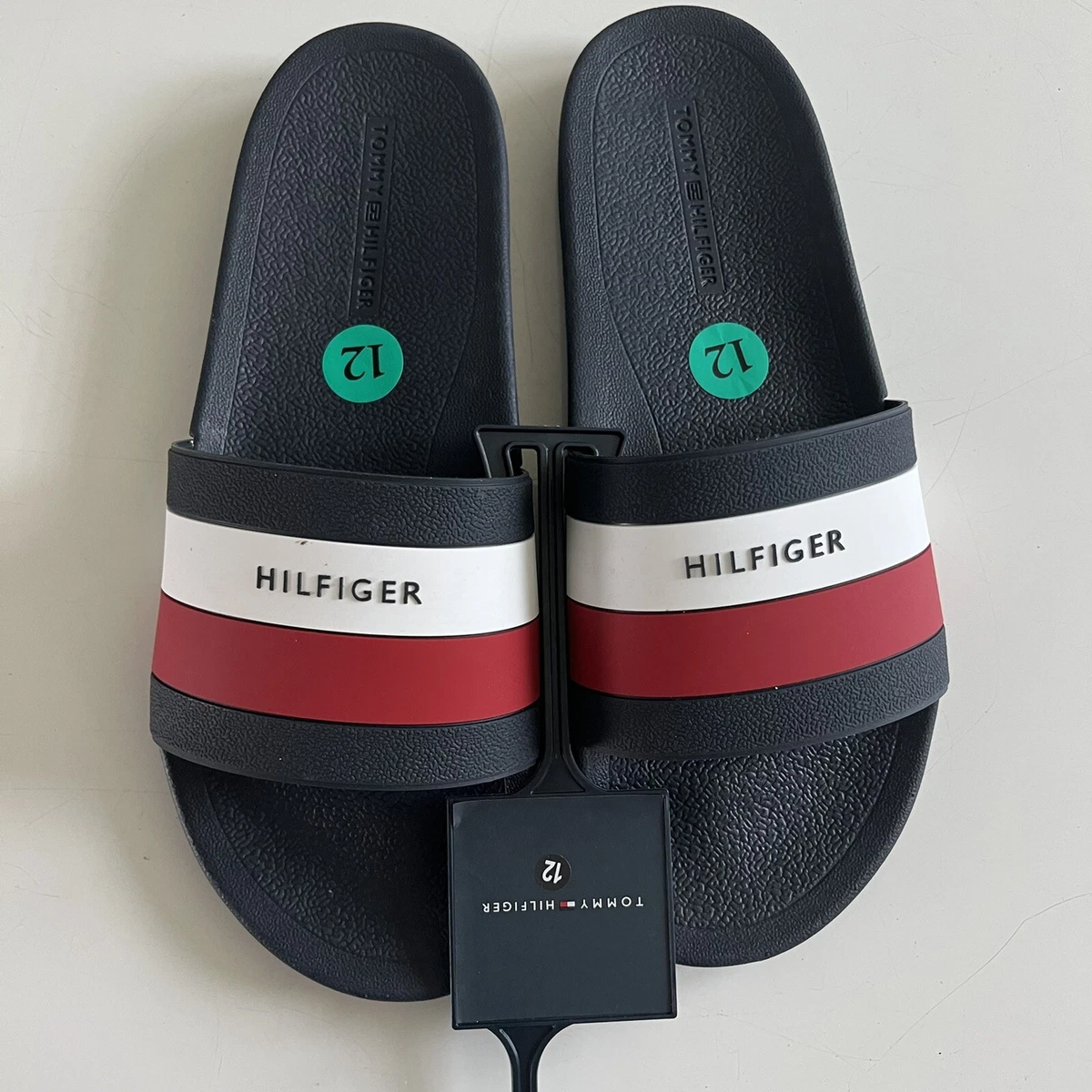 Tommy Hilfiger Men s Earthy Dark Blue and white Slide Sandal Slipper brand new