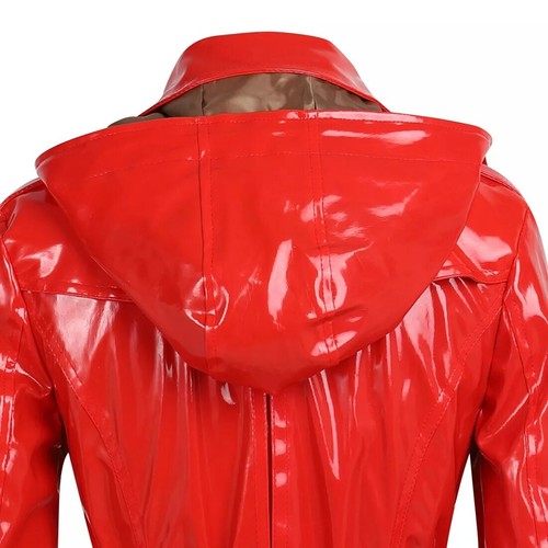 Women's Shiny Vinyl Trench Coat with Hood - Full-Length Waterproof Raincoat - Picture 14 of 14