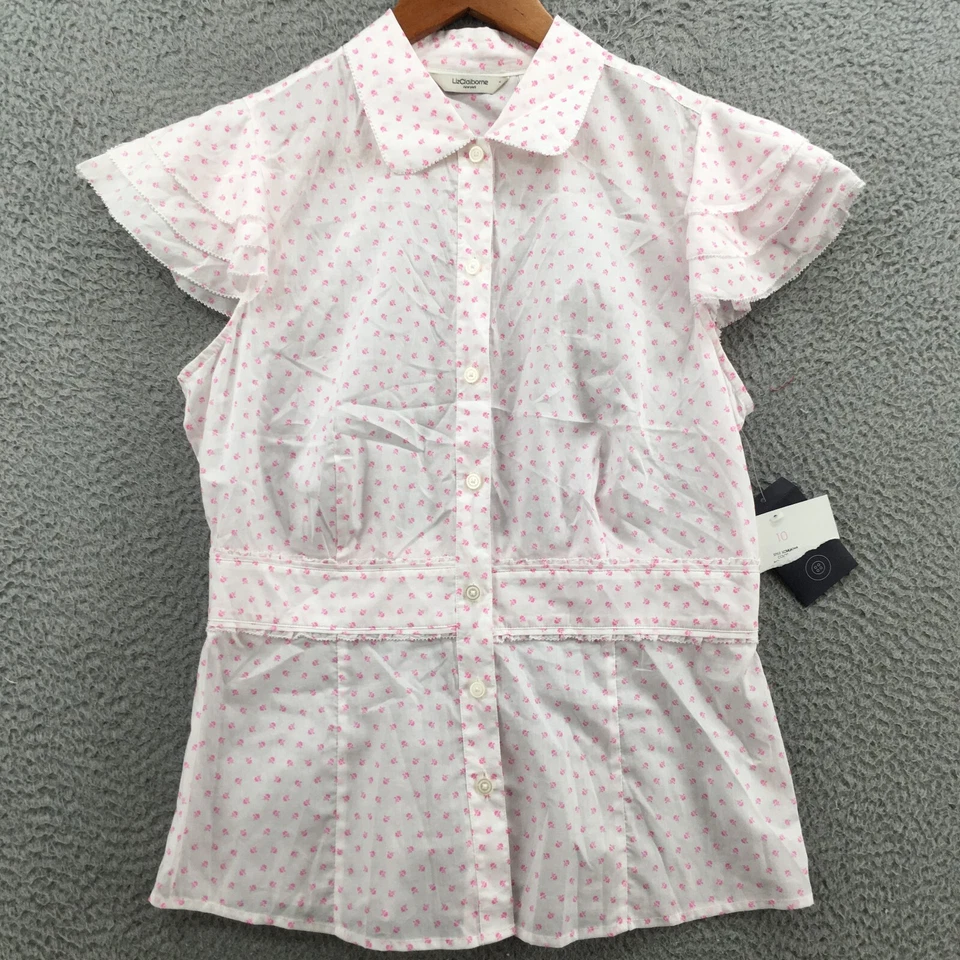 Camisa Liz Claiborne Mujer 10 Blanco Rosa Paisley Manga Flutter Abotonada NUEVA Foto 3 de 4
