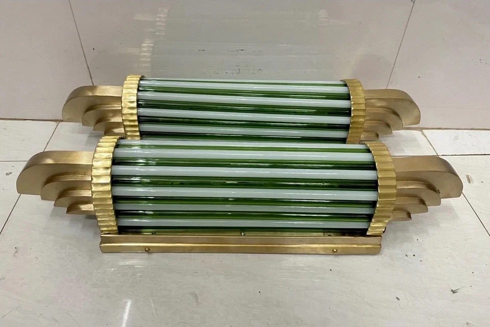 Art Deco Skyscraper Wall Sconces Antique Brass & Green Milk Glass Light 1 Piece - Image 2 of 4