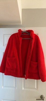 Fuzzy Red Sherpa Jacket Size Large Zip Up With Pockets