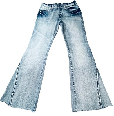 Cello Jeans Flare Sz 5 Raw Cut Hem Panel Stretch Whiskers High Rise 3C