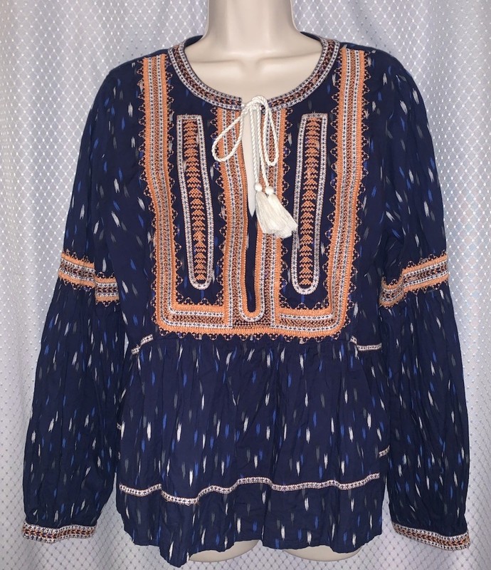 THML  Anthropologie Blue Peasant Embroidered Bishop Sleeve Top Size Medium