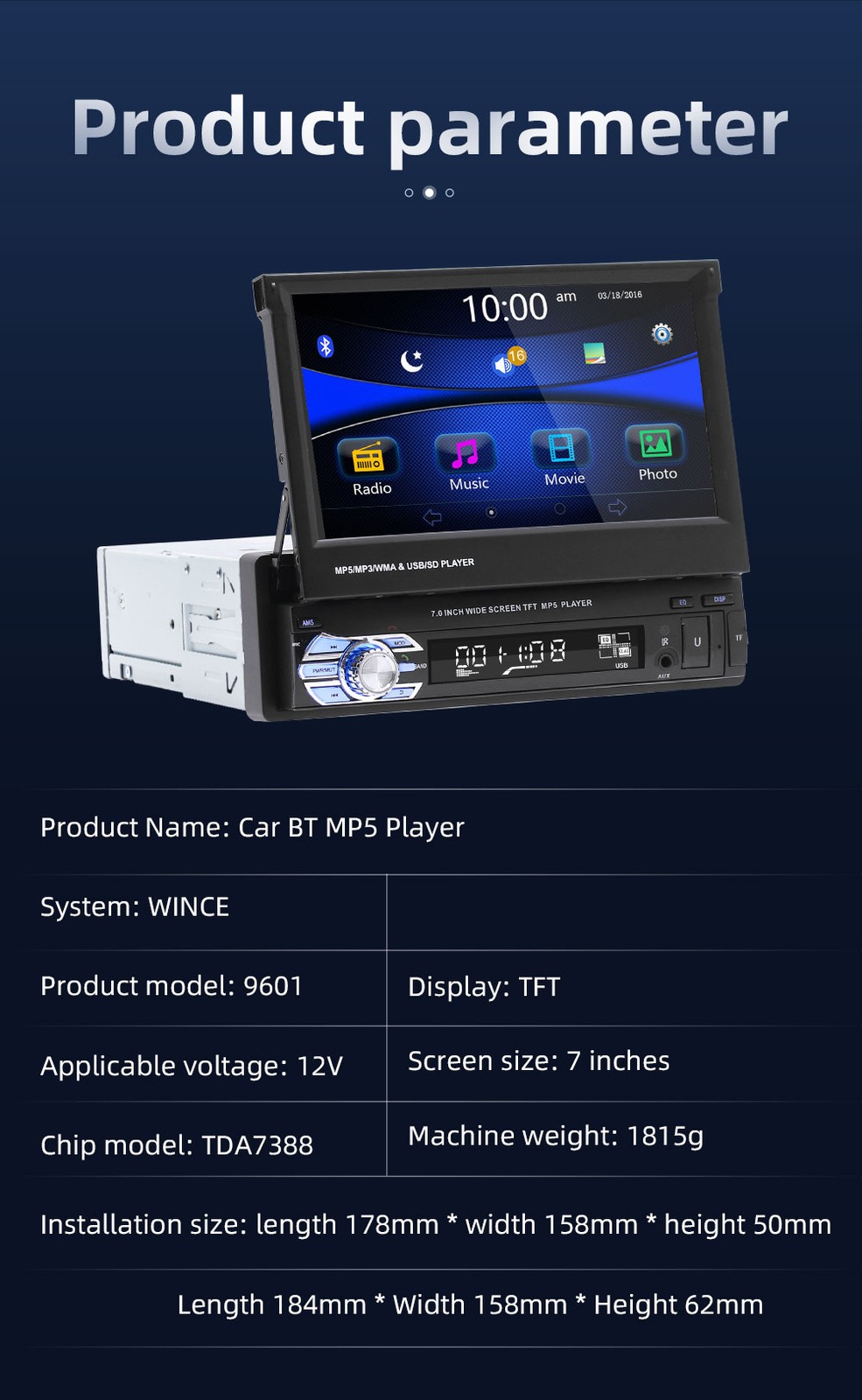 Single 1DIN Car Radio Stereo Touch Screen Bluetooth Flip out MP5 Player w/Camera