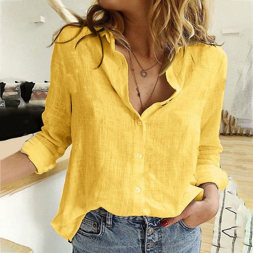 Womens Cotton Linen Plain Blouse Tops Ladies Baggy Long Sleeve Casual T-Shirt#A - Picture 11 of 24