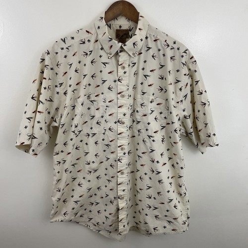 Ivy Crew Explorers Shirt Mens XL Beige Fish Tackle Print Short Sleeve Button