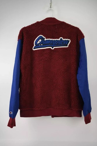 Champion Mens Red Blue Teddy Full Zip Fleece Bomber Jacket Size L - Picture 2 of 4