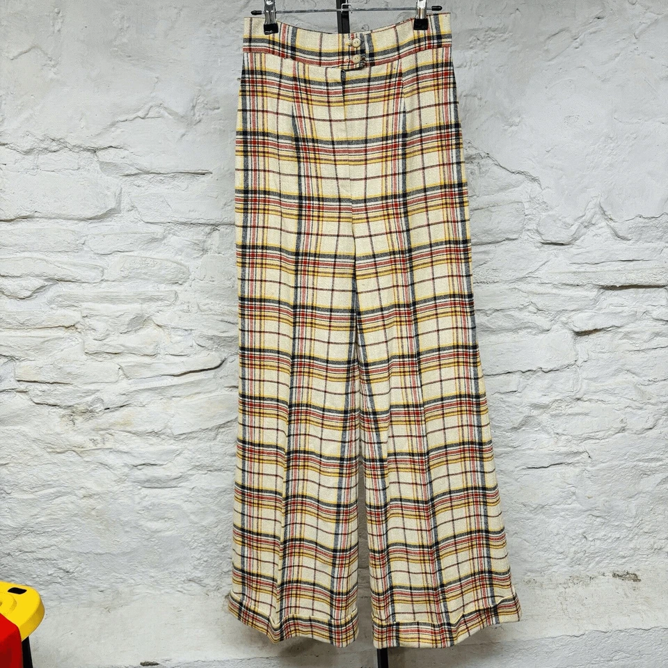 1970s Vintage Cream Multicolor Plaid Bottom Pants Wide Flare Leg 26 Waist Hippie - Image 2 of 4