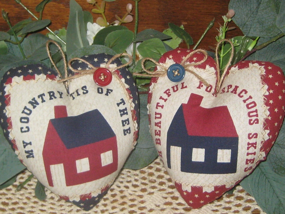 Decoração patriótica 6 corações feitos à mão Memorial Day tecido americano tigela enchimentos - Imagem 3 de 4