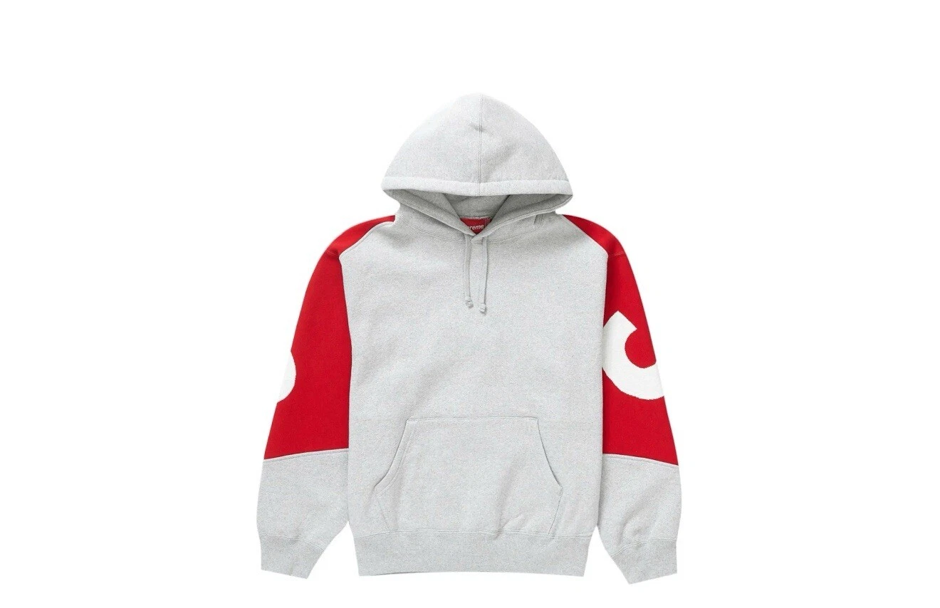 Sweat à capuche jacquard Supreme Big Logo FW23 gris bruyère rouge taille L neuf