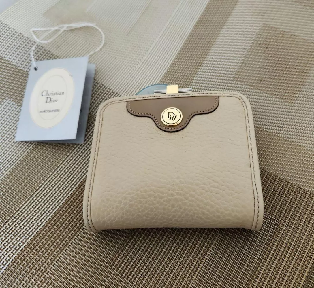 Christian Dior Porte Monnaie Portefeuille Compact Logo Cuir Beige Authentique