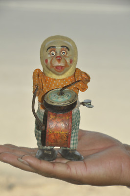 Vintage Textured Cloth Monkey Drummer Wind Up Litho Tin Toy , Japan?