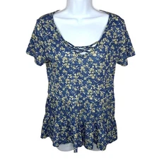 Naif Blue Beige Floral Short Sleeve Blouse Peasant Cottagecore Medium Stretch