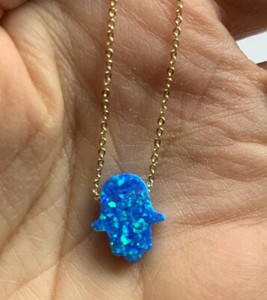 Authentic Hamsa Hand Necklace Blue Opal 14k Gold Plated 925 Sterling Silver