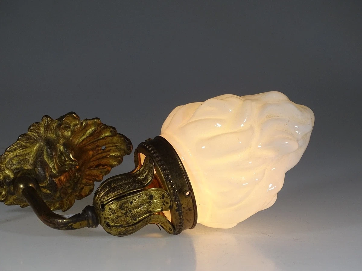 Vintage Deco Milk Glass Flame Shape Wall Sconce with Lion Head Mount c.1925