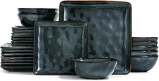 Dinnerware Sets for 8, Ocean Square 24-Piece Kitchen Plates and Bowls Sets, Micr
