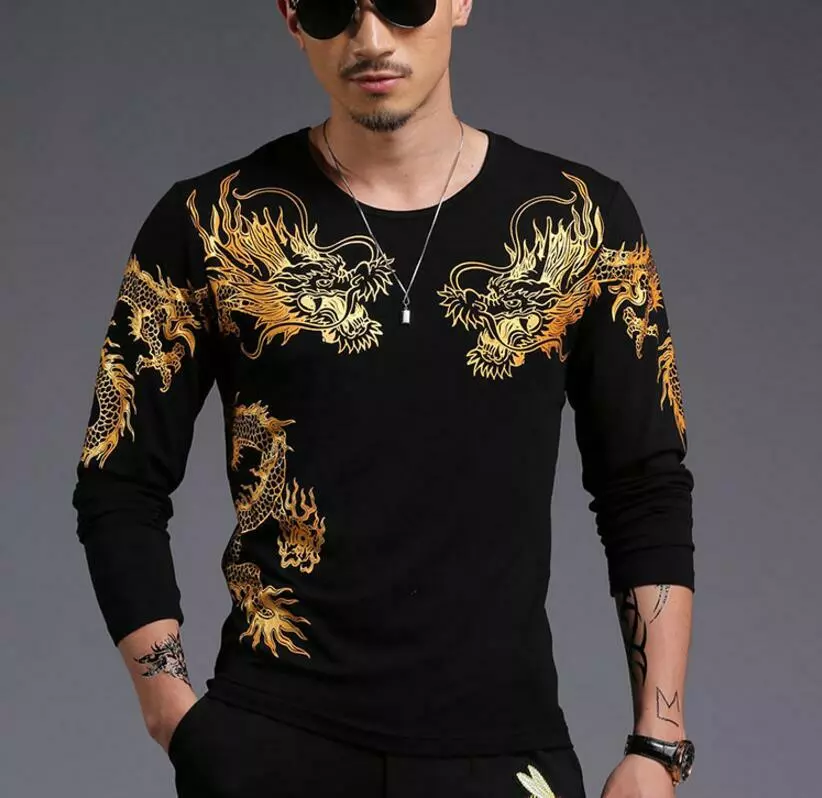 Men Gold Dragon Loong Printed Round Neck Long Sleeves Cotton Blend T Shirts Tops