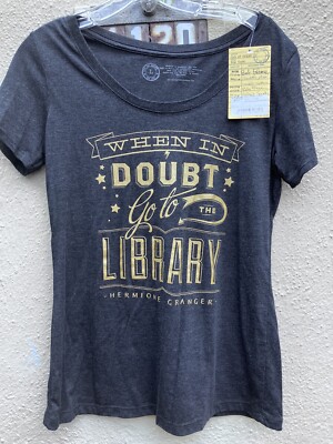 NEW ''When In Doubt Go to the Library  ''Out of Print'' label Harry Potter t shirt