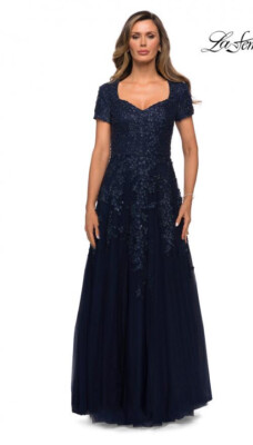 New La Femme 28037 Tulle A-line Evening Dress In Navy Size 2