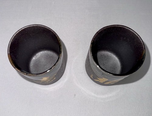 Tazzine da tè giapponesi ceramica grigio nero smaltato oro calligrafia - Foto 3 di 3