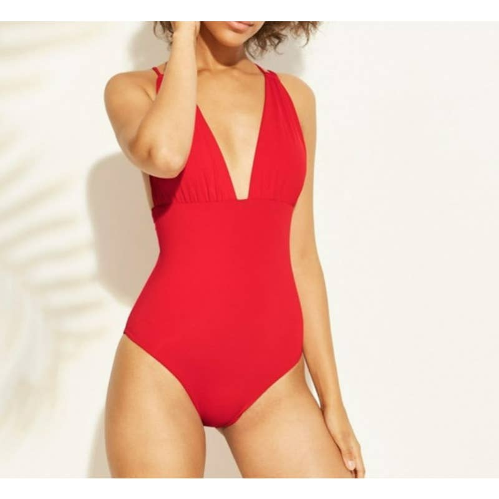 Sunn Lab Swim One Piece Swimsuit Strappy Back Plunge Neck Red Size Large