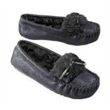 Envision Studio Womens Metallic Black Slippers Faux Fur Moccasins