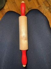 Vintage Play Kitchen Wood Rolling Pin with Red Handles