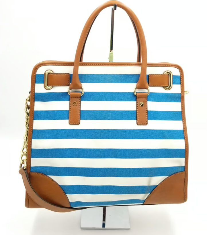 Michael Kors Large Hamilton Blue & White Stripe Canvas Tote w/ Pad 