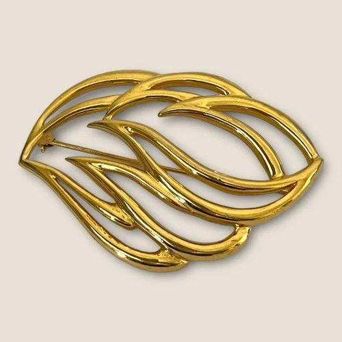 Vintage MONET Costume Jewelry Brooch Gold Tone Nouveau Figural Leaf Minimalist