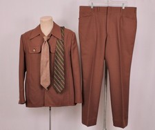 Men's VTG 70s Brown 2 PC Polyester Leisure Suit W 2 Ties Sz L 1970s Disco