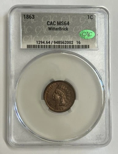 1863 Indian Cent Copper Nickel CAC MS64 Witterbrick Better Date