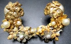 MIRIAM HASKELL Faux Pearl Golden Leaves & Flowers Vintage Clip Earrings