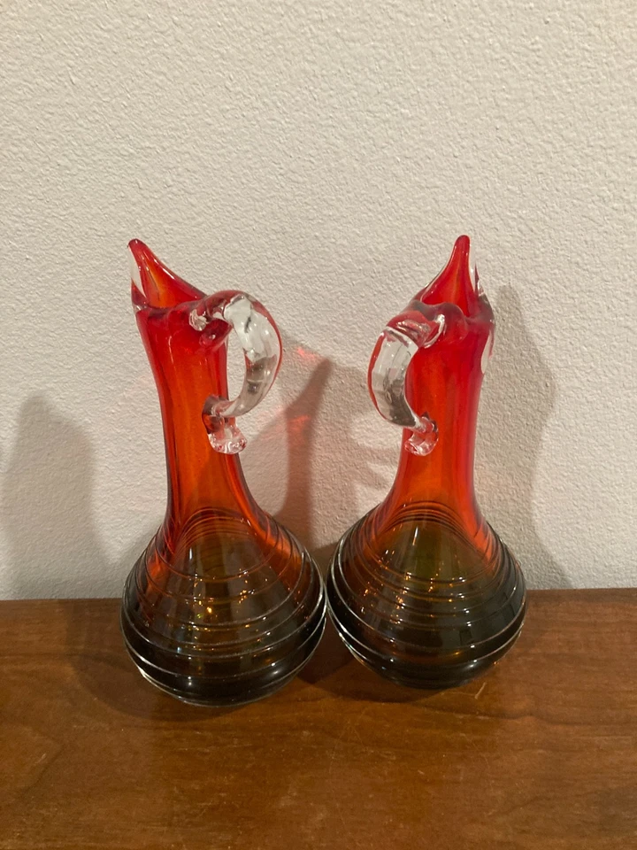 Set of 2, Vintage hand-blown ruby red & Green art glass pitcher or jug, 11" tall - Image 3 of 4