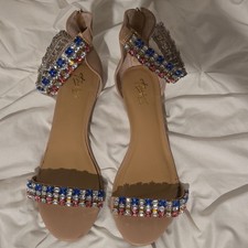 Women  s Beige Flat Sandals Multicolor Rhinestone Ankle Strap Zip Closure