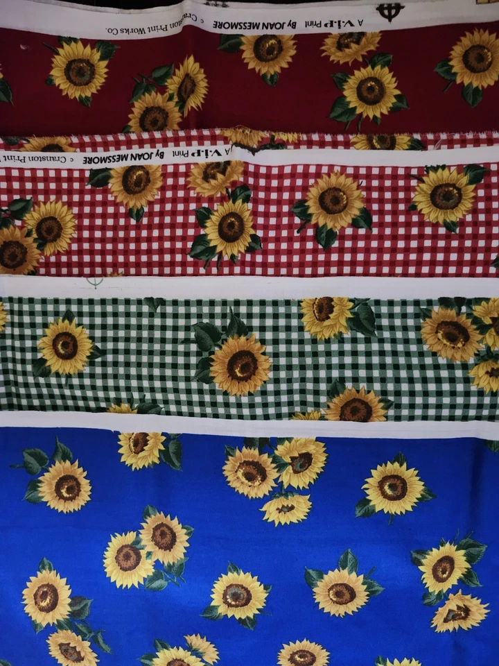 Lot Of 4 - 2 Joan Messmore Sunflower Cotton Fabric Green Red Gingham & 2 Others - Image 2 of 4