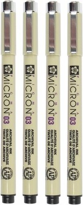 Sakura Pigma Micron 03 Black Pen 0.35mm Line Width Pack of 4 (03) 