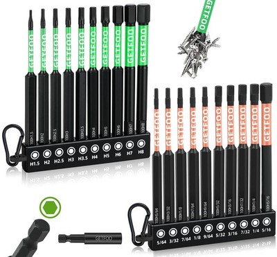20 Piece 4'' Long Hex Bits (Metric & SAE) with 1/4'' Hex Shank Allen Wrench Dri...