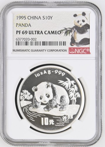 1995 China 10 Yuan 1oz Silver Panda NGC MS 69 Large Twig