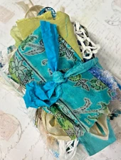 Coloraful Boho style mixed media collage art fabrics and trims bundle lot