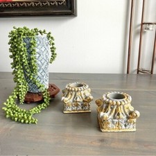 Eclectic Revival Upcycled Hand Painted Taper Candleholder Set Gold Leaf Accents