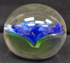 Hand Blown Clear With Blue Flower 3" Round Glass Paperweight  — photo 2