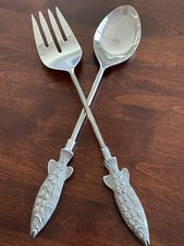 Salad Spoon Fork Serving Set Fish Shaped Heavy Cast Aluminum 13"