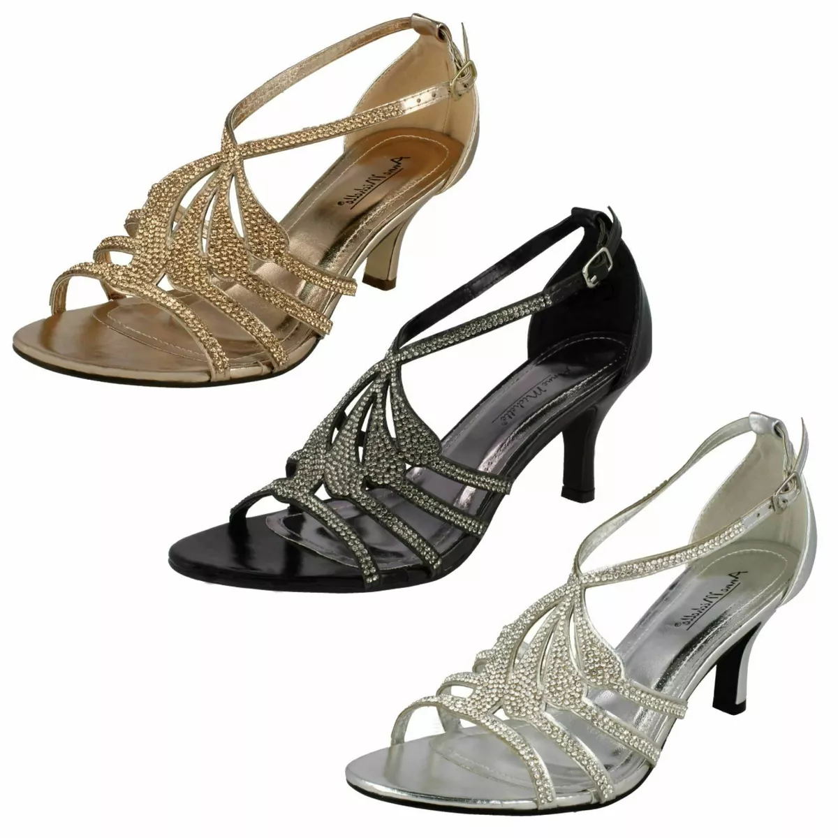 LADIES ANNE MICHELLE F10580 DIAMANTE MID HEEL BUCKLE PARTY WEDDING