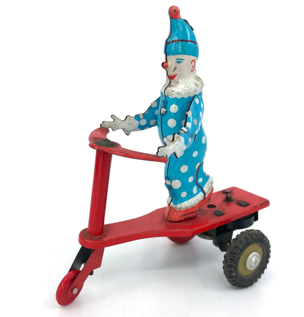 Lemezarugyar Hungary Tin Toy Clown Riding Red Scooter Wind Up