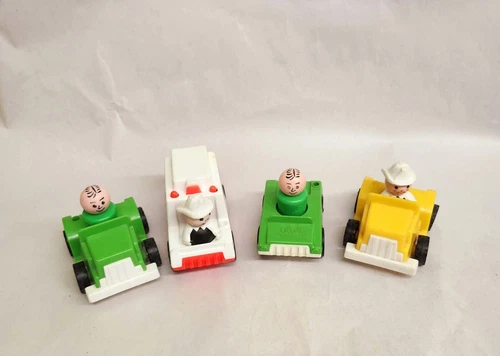 Vintage Fisher Price Little People Car Vehicles Lot Of 4 cars and 4 People