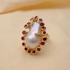 Cultured White Baroque Pearl Fuchsia Cz Ringer Ring Adjustable