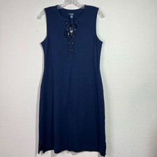 Chaps‎ Womens Navy Midi Knit Sheath Dress Lace Up Sleeveless Casual Medium