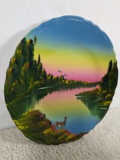 VTG Jake Overbeek Signed Folk Art Original Painting Dinner Plate Leota MN Deer